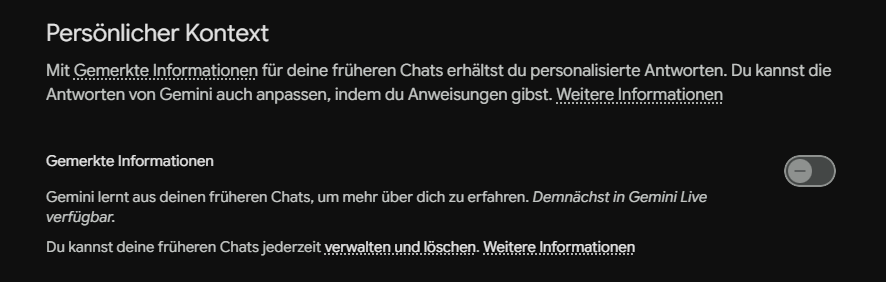 Einstellungen zum (De-)Aktivieren des Kontexts in Gemini