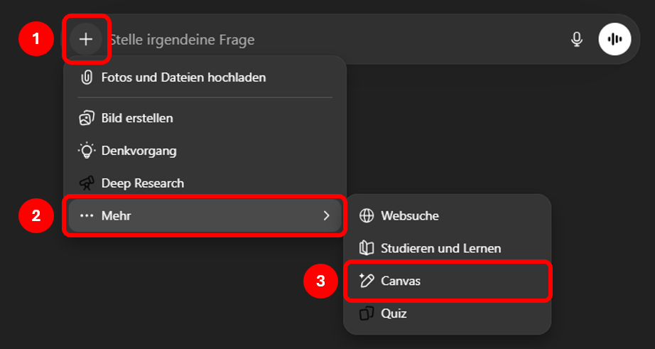 Bei ChatGPT braucht man drei Klicks, um den Canvas-Modus zu aktivieren.