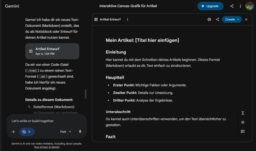 Das Canvas-Fenster von Gemini.