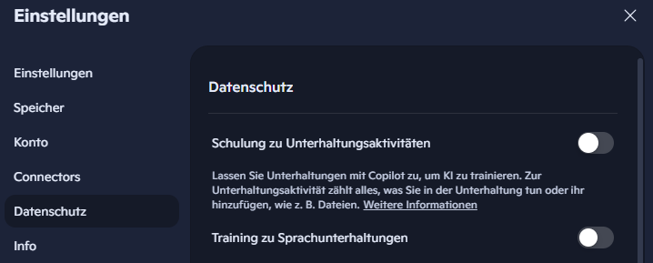 Datenschutz: "Schulung zu Unterhaltungsaktivitäten" deaktivieren.