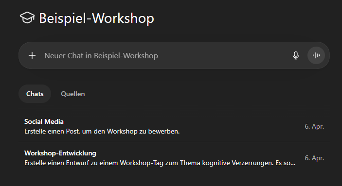 Bei einem Projekt werden Chats und Quellen zusammengeführt. Alle Chats kennen die gesamten Inhalte des Projekts, inkl. Dateien, die unter "Quellen" sichtbar sind.