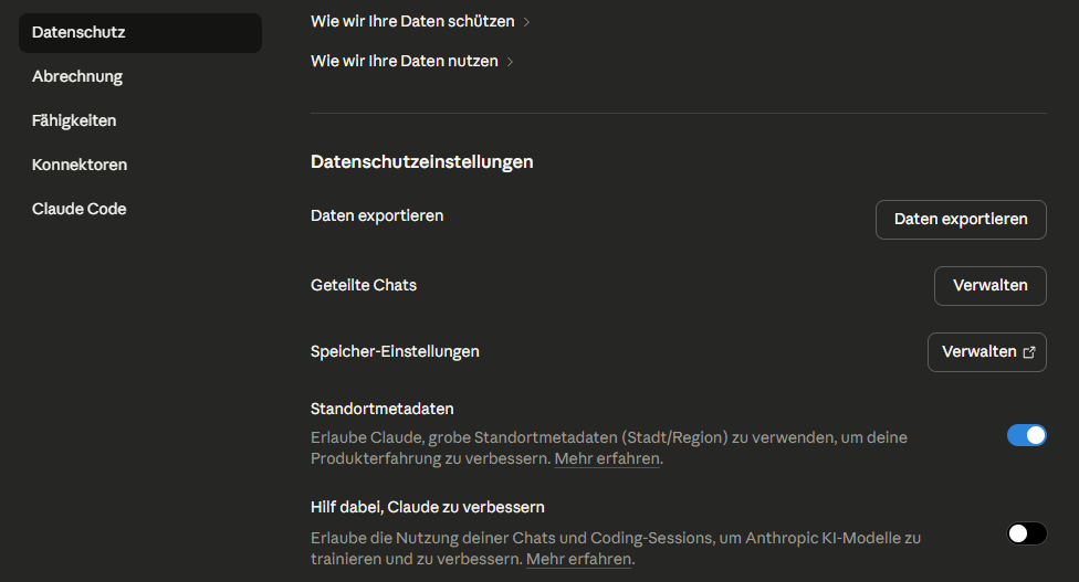 Datenschutz: "Hilf dabei, Claude zu verbessern" sollte deaktiviert werden.